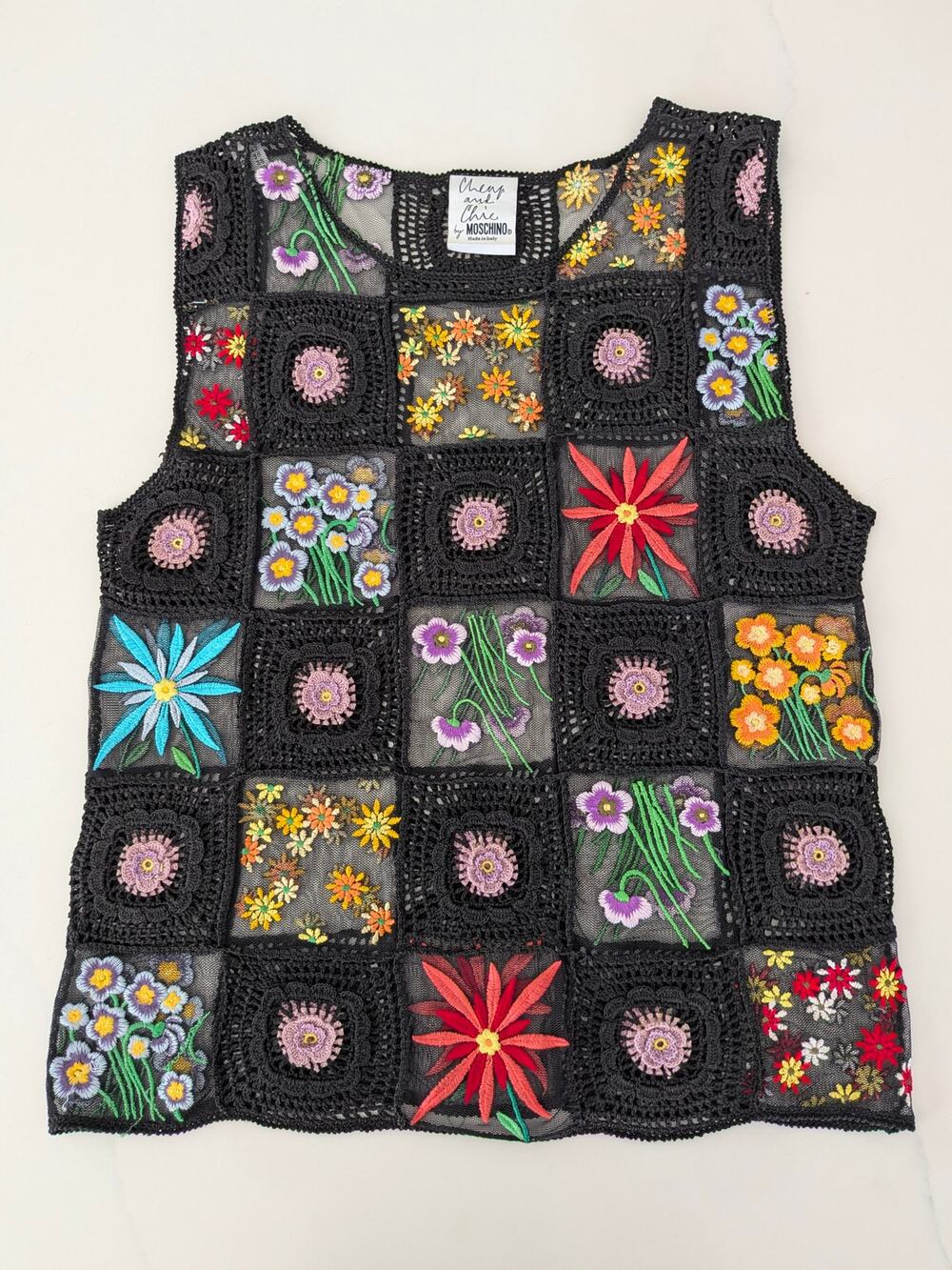 Vintage 90's Moschino Cheap Chic Floral Crochet Mesh Patchwork Top Sz 8 EUC